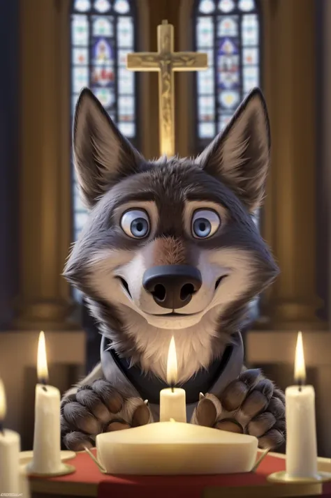 Larry (Zootopia), wolf, Gray Fur, (brown body:1.3), beautiful blue eyes, Zootopia,  Pope, Catholic priest,pectoral cross white collar, canine,wolf, detailed fur, male, second, paw pads, claws, looks at the viewer, 5 fingers, paws, 4 toes, in churches, cand...