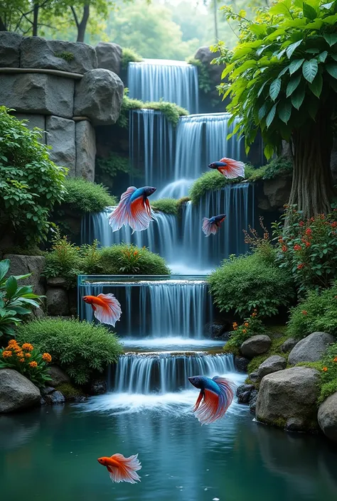 Betta fish tanks embedded in an ornamental waterfall 