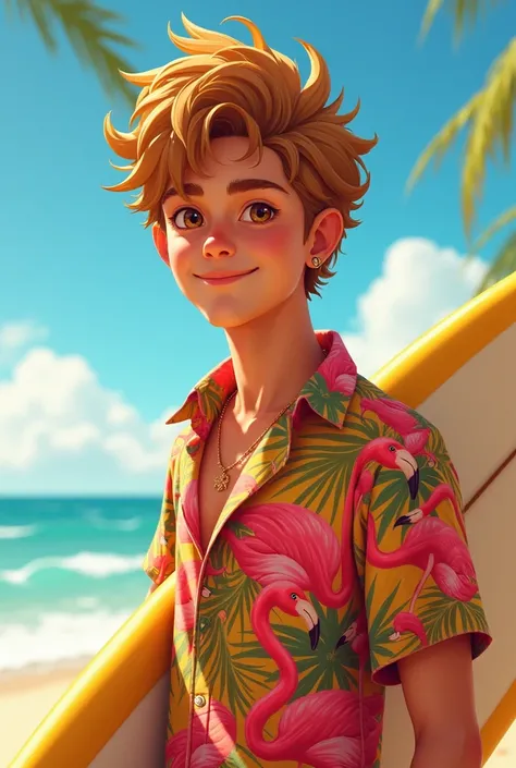 a young man with slightly sunburned skin, 
eyes browns, burnt blonde hair with curls at the ends, 
outgoing, wearing a flamingo shirt, with a small hoop earring in a u]single ear and holding a surfboard
