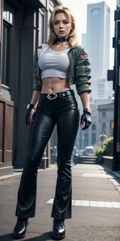 8k, masterpiece, best quality, ultra-detailed, sonyablade, 1girl, solo, long hair, blonde hair, cute blue eyes, breasts, choker, crop top, cropped green jacket, black fingerless gloves, full body, highleg panties, jacket, combat boots, lipstick, makeup, (a...