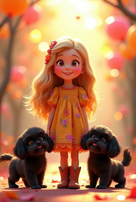 Cute blonde girl wearing a dress and cowboy boots, 2 black shih tzu puppies bright colors in background 3D Pixar style