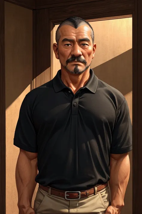 masterpiece,high quality,cowboy shot,standing, 1 man, Japanese man, Middle-aged man, 52 years old, black eyes, buzz cut, black hair, polo shirt, realistic, front view, from the front, looking at viewer, in the room,