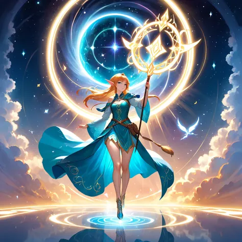 Masterpiece, Extremely detailed, best quality, photorealistic, magnificent, celestial, ethereal, epic, majestic, magical, fantasy art, cover art, dreamy, full body shot, BREAK, ethereal fantasy concept art of a brave elf dnd wizardess., staff in right hand...