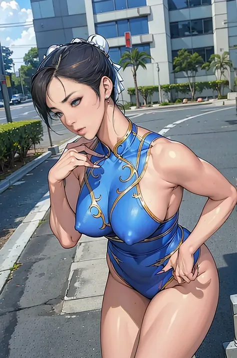 ((A woman modeled after the character Chun-Li)), , Medium Hips, Bright Eyes, Very flashy,Huge breasts, Puffy nipples, tight, ((ultra Realist)), TM Ninja White, icon, cores Vibrants, Vector Style, Digital Art, 4K, Intricate details, charm, Professionally do...