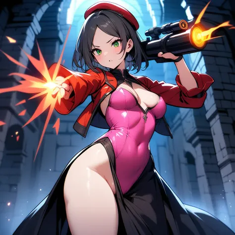 (masterpiece,best quality,very aesthetic,ultra-detailed),high saturation,fantasy,nsfw,solo,BREAK,1girl,20yo,curvy,medium breasts,tall,bewitching,(green eyes with red flame aura),slanted eyes,beautiful face,A red beret with a single flower,Grayish-pink stra...