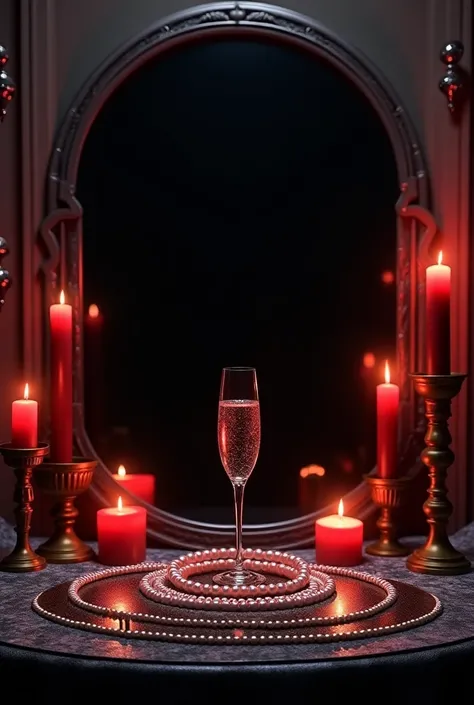 Altar with red and black candles, a glass of champagne and many pearl necklaces in front of a large black mirror