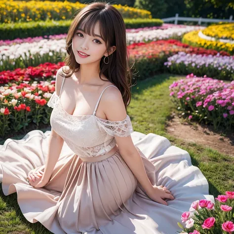 long skirt,in the flower field，Wear a dress，rotate，1 female, On the face, laughing out loud, light brown hair, blunt bangs, hair behind ears, Shoulder-length hair, long hair, Slender body type, 超face slimming型, face slimming, delicate lips, beautiful eyes,...