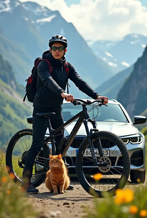 Create a picture of a mountain biker with a Trek mountain bike. The bike is black. The bike is fully suspended. The bike has no battery. The mountain biker is 25 years old. The mountain biker wears a black helmet. The mountain biker wears fast glasses. The...