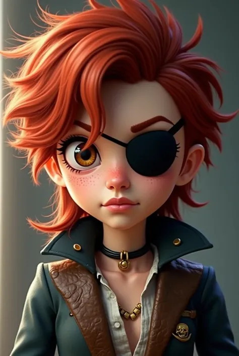 Skin do Minecraft. Red-haired person with unisex features, short curly hair in mullet cut, with an eye patch covering one of the caramel brown eyes. brown skin color. Roupa no estilo de Jack Sparrow 