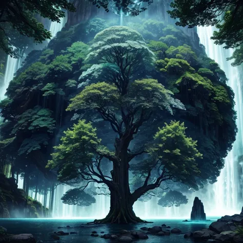 a tree in the middle of a waterfall surrounded by trees, tree of life, cosmic tree of life, the world tree, the tree of life, tree of life seed of doubt, world tree, yggdrasil, fantasy tree, magical tree, mystical setting, cosmic tree, beeple art, realism ...