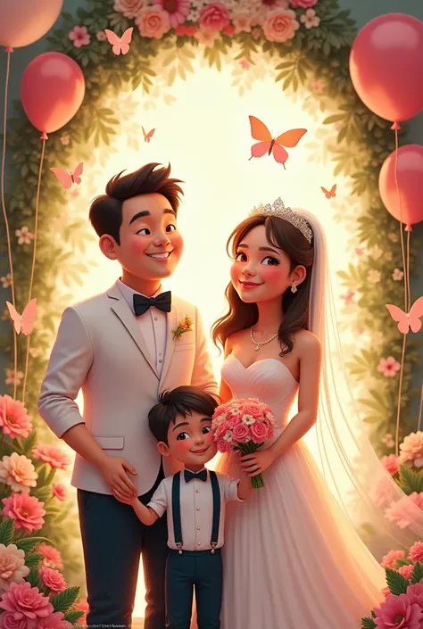 Real pinoy wedding couple semi chubby with daughter girl 7 years old with gown and boy 6 years old with attire with flowers baloons butterflies 