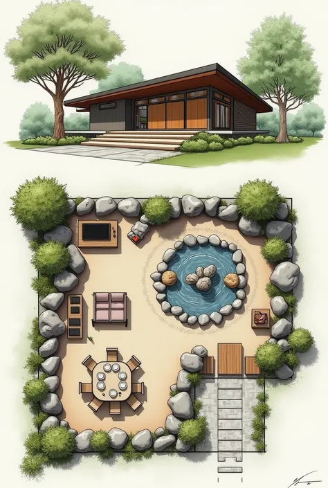 Design a nature-themed house with varied rocks. Include:

Floor Plan:
Living Area: Central rock garden with river rocks.
Kitchen: Granite countertops.
Dining: Limestone accent wall.
Bathroom: Slate tiles.
Outdoor: Flagstone path.
Drawing only
Criteria:

Co...