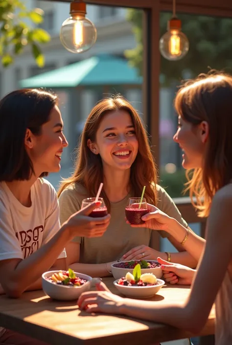 class friends and girlfriends Young realistic, At the acai shop ,chestnut hair,eating acai , ultra HD, high qualiy, best qualityer, high resolution, 8k, 16K
