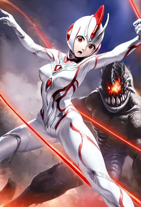 An alien with a silver body and red lines､Female Ultraman、Large milky white eyes、Monster fighting action！