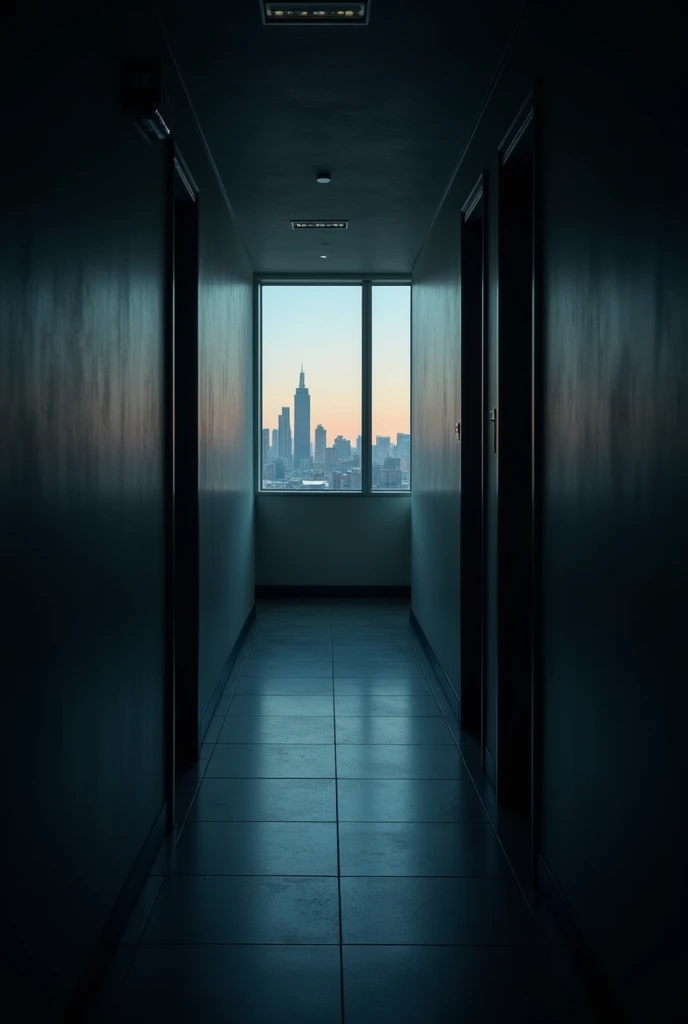 Realistic photo of a hallway with dim lighting from a window at dusk and a city visible through said window 

(The photo is taken from a tenth floor)