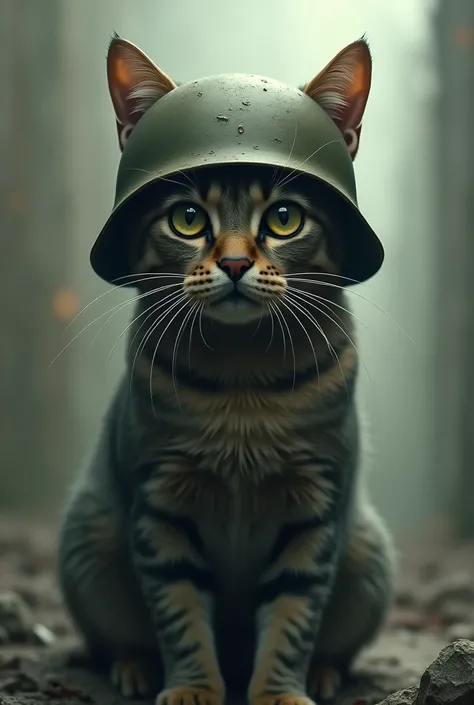 A cat with a military helmet and a thousand-yard stare looking ahead and behind him is purgatory