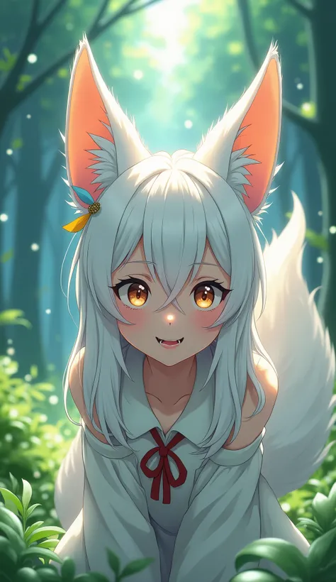 (Japanese Animation:1.2),2D,Detailed outlines,Top quality, best picture quality,(Amazingly absurd:1.2),(Masterpiece:1.2),break,(Eyes small0.9),nine tailed fox girl, cute, break, white hair, long hair, fangs, :3, break, fluffy tail, fox ears,break,Sparkling...