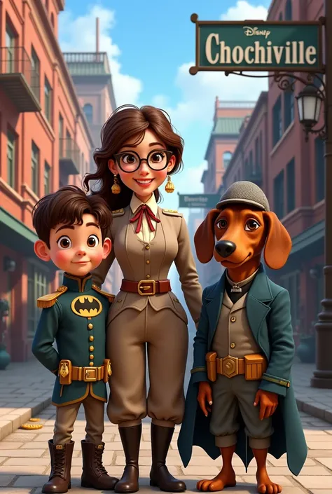 A brunette girl with wavy hair and round glasses dressed as a 19th century British general smiling next to a boy with short brown hair dressed as Batman and a Dachshund dog dressed as Sherlock Holmes posing with a family in an early 20th century industrial...