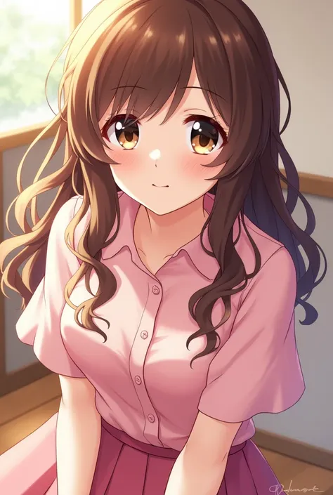 Shinonome Ena has brown hair and eyes, is wearing pink clothes and is peering in the direction of the camera.