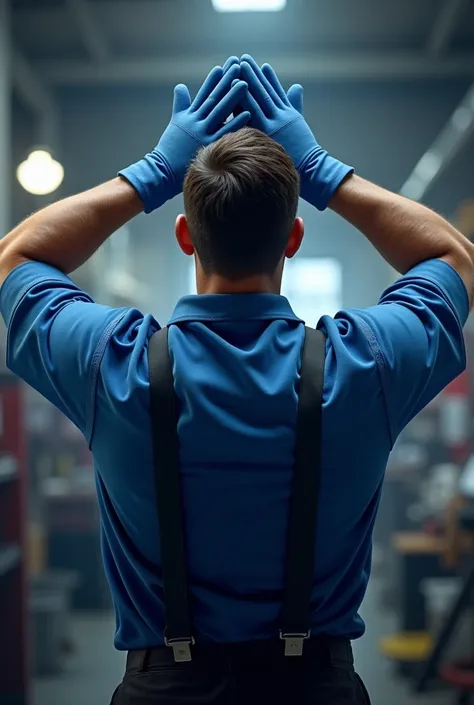 man from behind raising his arms, receiving something by putting your hands together, wearing his blue mechanic&#39;s gloves and apron