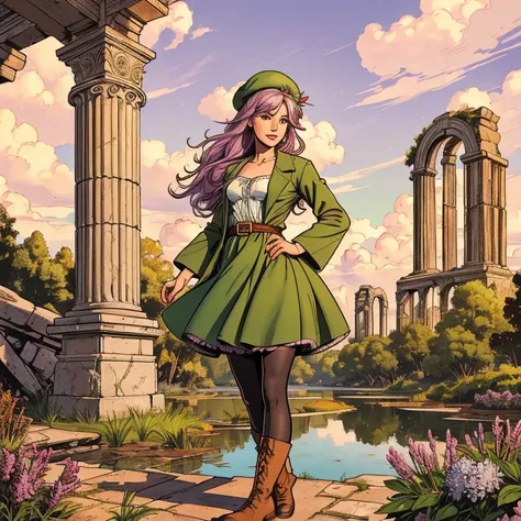 best qualityer, (work of art:1.2), illustration, absurderes,  (1 girl, standing alone), (beautiful detailed girl),, Aeolian, lilac hair, long hair, Eyes red, medium breasts,, glad, happy,, green hat, hat with feather decoration, green dress, green coat, (f...