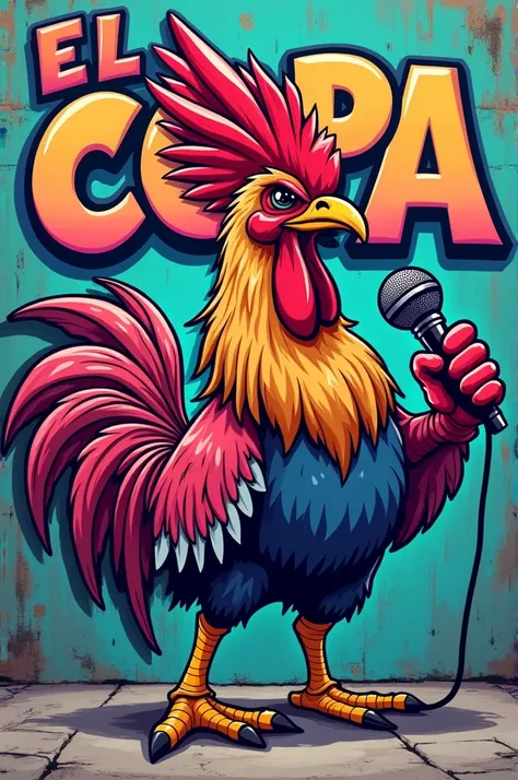 Some urban graffiti-type letters that say EL COMPA CHUY with pastel colors and also a nice fighting cock with a microphone, high-quality image for social networks 