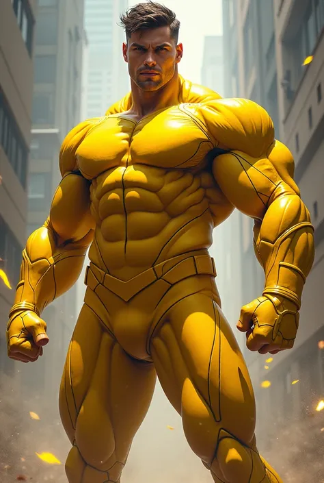 super heroi, yellow costume, eye white, pose de heroi
