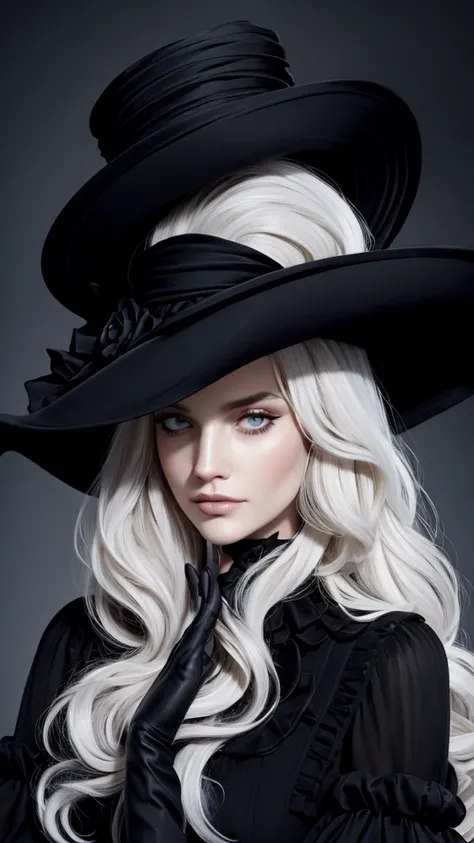 bust portrait of a beautiful woman with long white hair,in a black dress and a black hat,funeral veil,her head resting on her hand,paolo roversi,style of paolo roversi,black pointed hat,official dior editorial,vogue editorial photo,vogue magazine editorial...