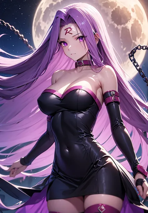 score_9, score_8_up, score_7_up, source_anime, medusarider, medusa rider, long hair, very long hair, purple hair, facial mark, forehead mark, thighhighs, dress, cleavage, bare shoulders, detached sleeves, black dress, collar, strapless, strapless dress, bl...