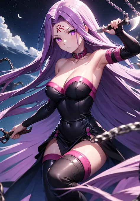 score_9, score_8_up, score_7_up, source_anime, medusarider, medusa rider, long hair, very long hair, purple hair, facial mark, forehead mark, thighhighs, dress, cleavage, bare shoulders, detached sleeves, black dress, collar, strapless, strapless dress, bl...