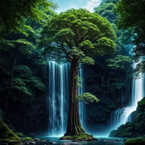 a tree in the middle of a waterfall surrounded by trees, tree of life, strange tree of life, the world tree, the tree of life, tree of life seed of doubt, world tree, yggdrasil, fantasy tree, magical tree, mystical setting, magical tree, beeple art, realis...