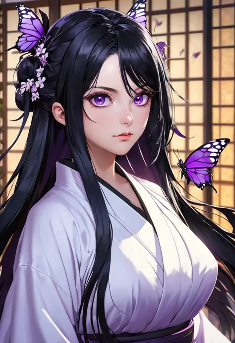 1woman , long black hair , butterfly hair pin , bright purple eyes,white haori , demon slayer, absurdres, high res,ultrasharp, 8k, masterpiece, looking, nsfw