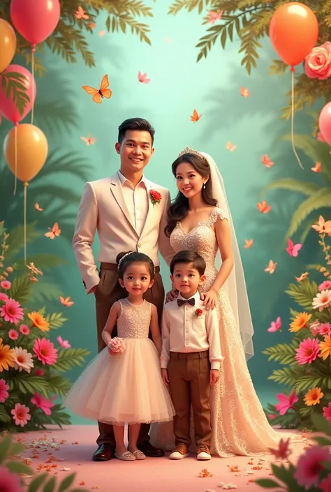 Real pinoy pinay wedding couple with daughter girl 7 years old with gown and boy 6 years old with attire with flowers baloons butterflies 