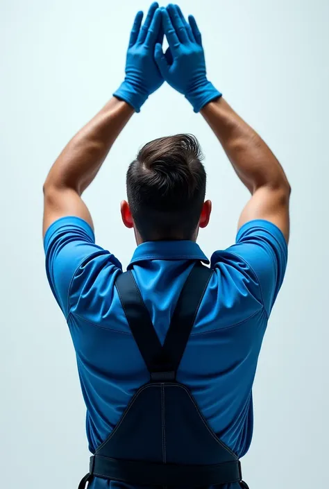 man from behind raising his arms, receiving something by putting your hands together, wearing his blue gloves, Blue mechanic&#39;s apron, blue shirt