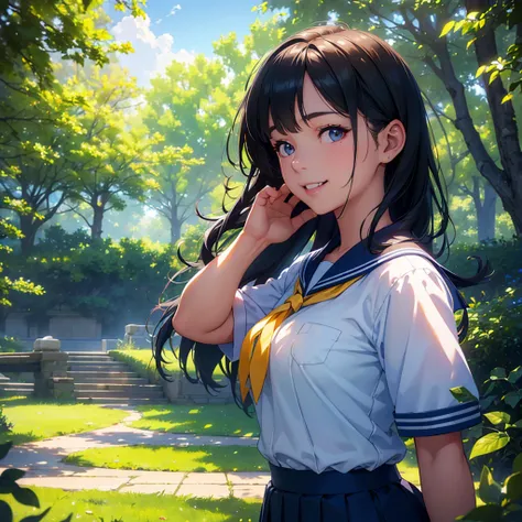 a young girl in a sailor uniform with a pleated skirt, standing in a peaceful park under a blue sky with dappled sunlight, smiling with her mouth open to reveal her buck teeth, waving her hand to beckon the viewer, detailed skin with a sun-kissed glow, (be...