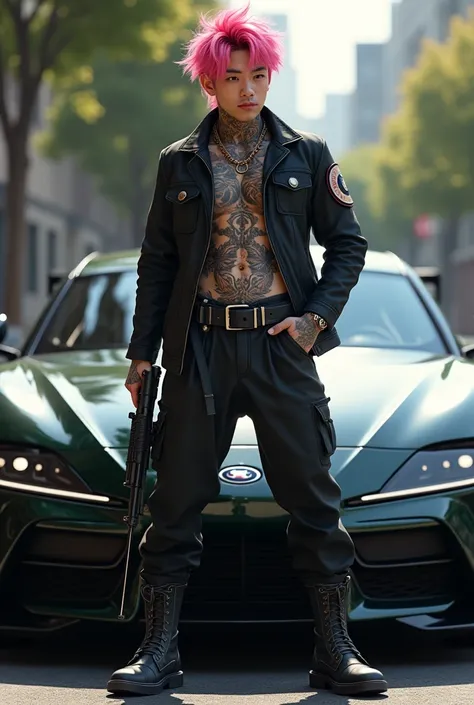 Imagine a young Chinese man, Pink haired boxin, all tattooed yakuza tattoo from the neck down, dressed as a gangster and armed, full body with a super sports car behind