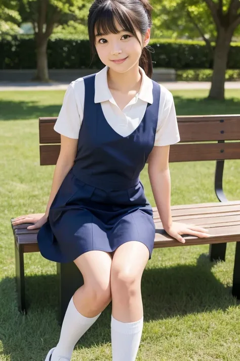 1japanese girl, wearing high school uniform, navy blue v-neck pinafore mini dress, white folded socks, black penny loafers, low ponytail, sitting on bench, spread legs, skirt lift by herself with hands, show off white panties, in park, smile, BREAK, full b...