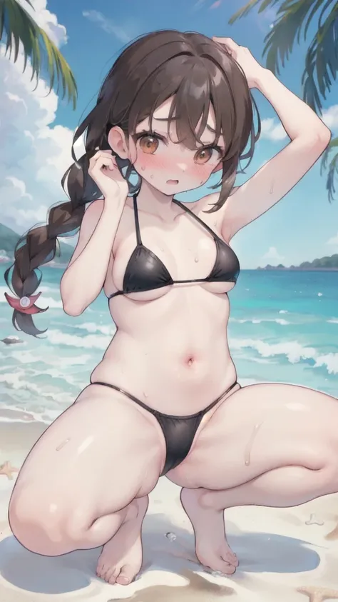 (((masterpiece,best quality,absurdres,8K))) , ((pokemonjuliana,single braid, black bikini)),((embarrassed,blush:1.5,steam:1.1,wet:1.2,trembling:0.8,tears:0.7,sweat:1.0))(((arms behind head:1.5,thick thighs:2.5,Open your thighs wide to the left and right､Sq...