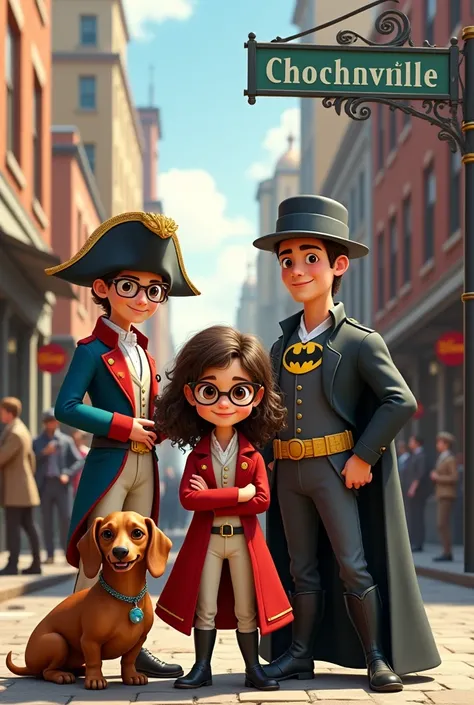 A brunette girl with wavy hair and round glasses dressed as Napoleon Bonaparte with his hat smiling next to a young man with short brown hair dressed as Batman and a Dachshund dog dressed as Sherlock Holmes posing with a family in an early 20th century ind...