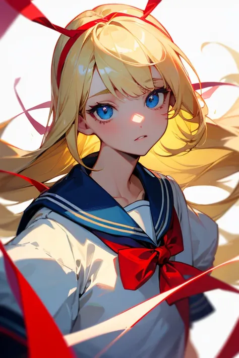 (Highest quality、Highest quality)、(Blonde Straight).Beauty、Red ribbon on head、Eyes are black、Eye highlights、Light blue sailor suit、