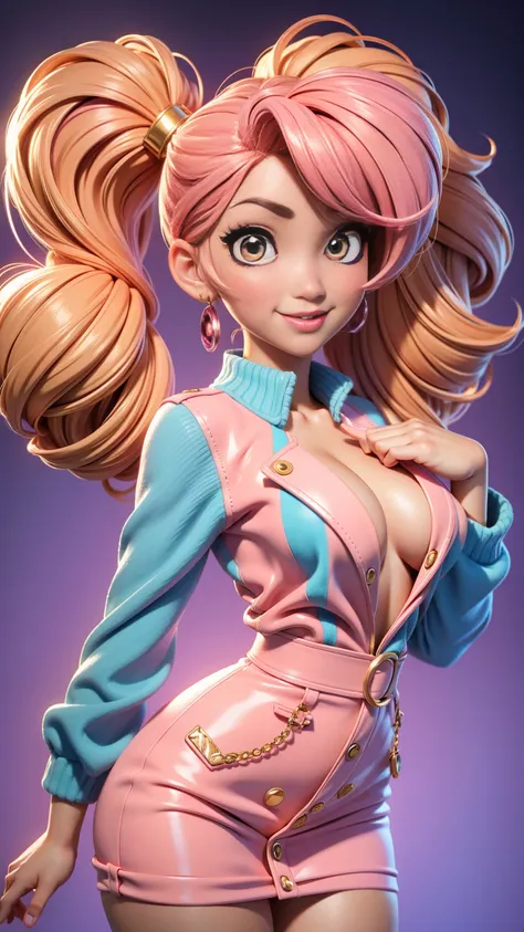 A 3D Pixar-Disney style image of a young woman with a trendy, gyaru-inspired look, smiling and giving a playful, confident gaze. The woman has large, expressive eyes with bold makeup, a stylish hairstyle, and a fashionable outfit typical of the gyaru style...