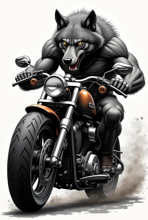 Wolf on chopper motorcycle. The design must be such that it can be embroidered with black thread.