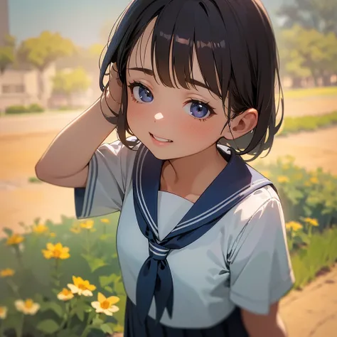 (1girl),a young girl in a sailor uniform with a pleated skirt, standing in a peaceful park under a blue sky with dappled sunlight, smiling with her mouth open to reveal her buck teeth, waving her hand to beckon the viewer, detailed skin with a sun-kissed g...