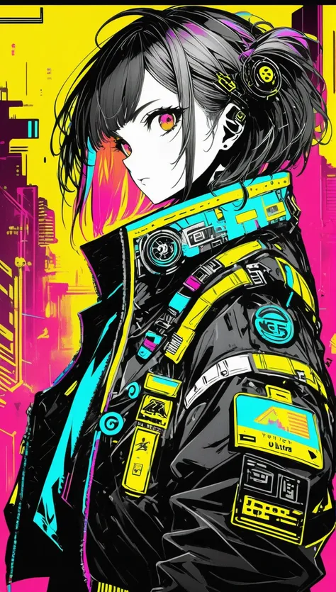 (masterpiece,Highest quality,Super detailed,Ultra-high resolution,Detailed Background),((cyber punk)),((Flat Color)),((colorful)),(One person),pilot jacket,View your viewers,alone,Upper Body,Colored Background,High Contrast,Contrasting colors,Cowboy Shot,