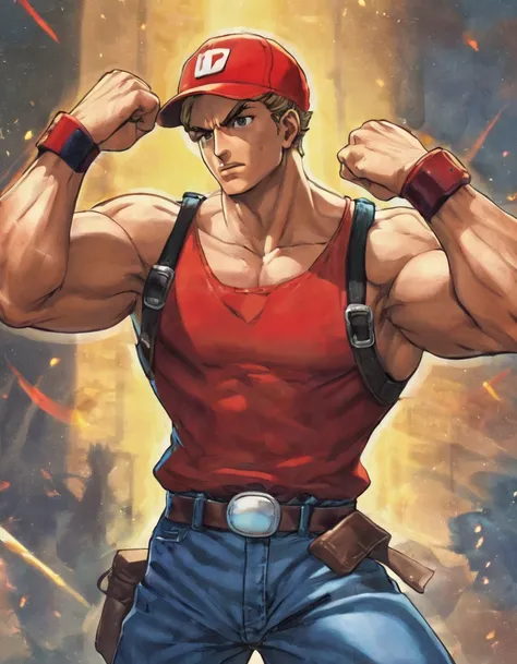 1man, naughty heroic guy in fighting game, middle muscular, very short hair, solid chinpira, tough yarichin, blond, brown eyes, crewcut, BREAK sharp eyes, wild caucasian, abs, >:>, smug, thick abs, cool emotion, BREAK backwards hat, open shirt, cropped shi...