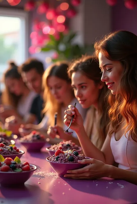 customers at the acai shop ,chestnut hair,eating acai , ultra HD, high qualiy, best qualityer, high resolution, 8k, 16K
