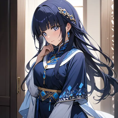 ((Highest quality)), ((masterpiece)), (detailed), （Perfect Face）、The woman is Aoki Reika, with midnight blue, medium-long hair and wearing an Arabic traditional costume.