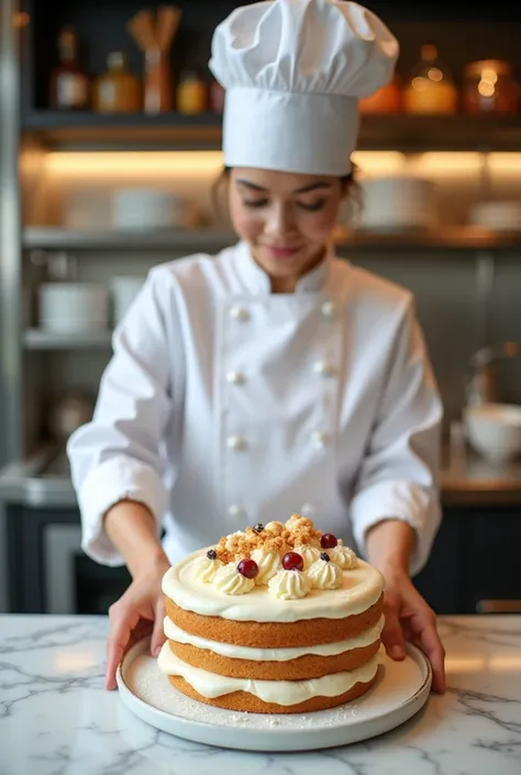 A logo for the restaurant 
Where the delicious cake is being prepared