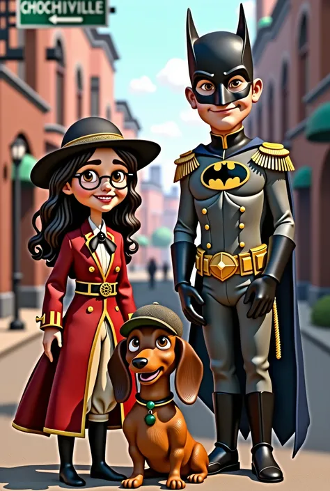 A brunette girl with wavy hair and round glasses dressed as Napoleon Bonaparte with his hat, smiling next to a young man with short brown hair dressed as Batman, and a Dachshund dog dressed as Sherlock Holmes posing with his family in an early 20th century...