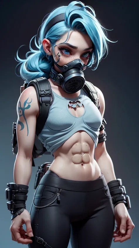 Young man with medium-length blue hair, light blue eyes, black pants, skeleton motifs on clothing, gas mask over mouth, tight-fitting black leather sleeveless t-shirt with ribcage motifs, tight-fitting clothing, visible navel, freckles, black tattoos on ar...